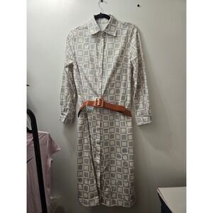 Geometric Print‎ Shirt Dress Midi Button Front Long Sleeve Belted